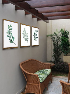 Trio de quadros de folhagens com vidro