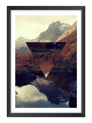 Quadro abstrato geométrico paisagem, moldura e vidro tam. a4