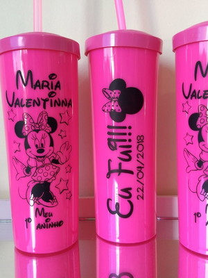 Copo personalizado com tampa e canudo minnie