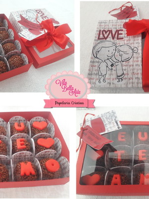 Caixa com 12 brigadeiros personalizados dia dos namorados