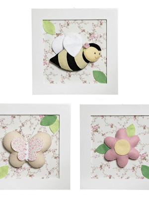 Trio quadrinhos decorados quarto bebê infantil natureza rosa