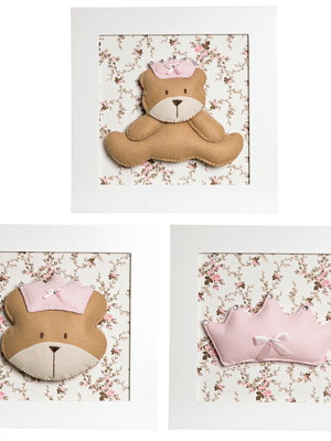 Trio quadrinhos decorados quarto bebê infantil ursa princesa