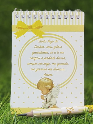 Bloquinho com mini lápis personalizado batizado anjinho