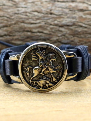 Pulseira de couro masculina medalha de são jorge bijuterias