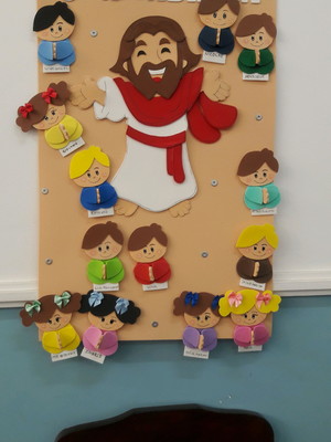 Painel chamadinha jesus e as crianças em eva
