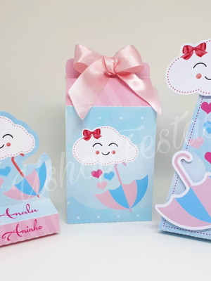 Kit porta bis, caixa milk e cone pirâmide chuva de amor