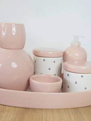 Kit higiene bebe porcelana poa rosa e cinza