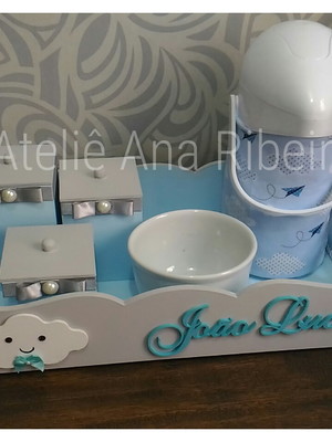 Kit higiene mdf menino azul bebe e cinza