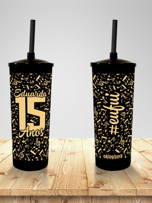 Copo long drink tampa e canudo 15 anos