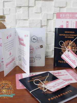 Convite passaporte com páginas + ingresso padrinhos