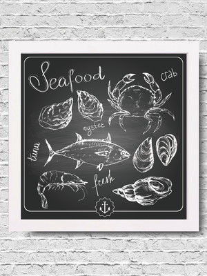 Quadro frutos do mar para cozinha com moldura