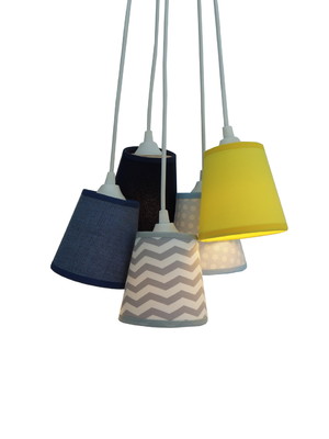 Lustre pendente mix chevron cinza, azul e amarelo