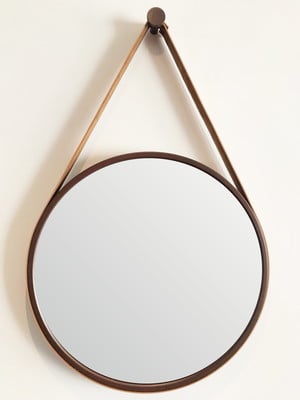 Espelho decorativo adnet marrom alça courino caramelo 40 cm