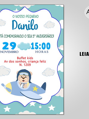 Convite ursinho aviador digital