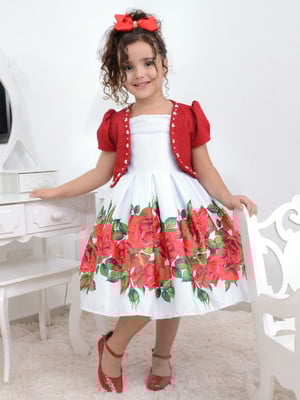 Vestido infantil branco com rosas vermelhas e bolero
