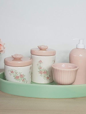 Kit higiene bebe porcelana floral verde malva com bandeja