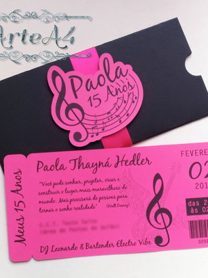 Convite ticket música com aplique 3d