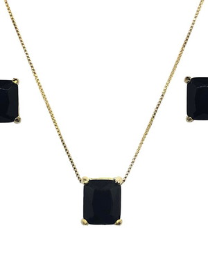 Conjunto retangular semijoia ônix banhado em ouro 18k