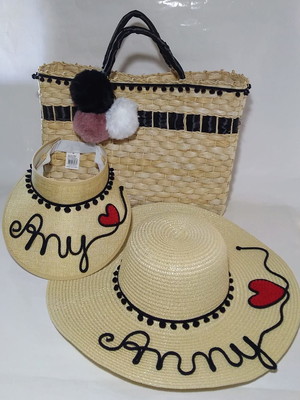 Kit bolsa de palha, chapéu e viseira