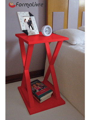 Mesa "x" lateral de apoio ou mesa de cabeceira vermelho laca