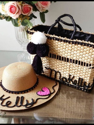 Kit bolsa de praia palha e chapéu personalizado com nome