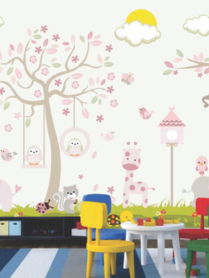 Painel adesivo infantil parede selva safari menina zoo 102