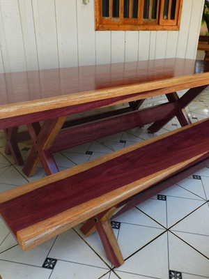 Mesa rustica madeira maciça roxão 2,5mtx90+2bancos-8 lugares