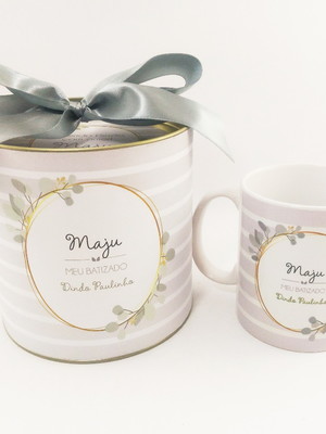 Convite padrinho de batismo caneca e lata folhas frame