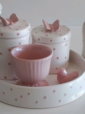 Kit higiene bebê porcelana branco e rosa borboleta
