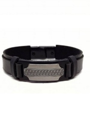 Pulseira em couro preto com bridão tribal fecho magnético