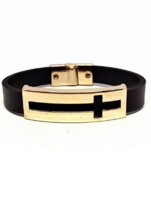 Pulseira em couro preto com cruz crucifixo dourado