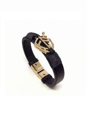 Pulseira em couro preto com escudo da fé dourado fecho imã