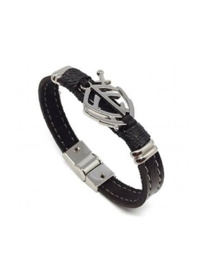 Pulseira em couro preto com escudo da fé prata fecho imã