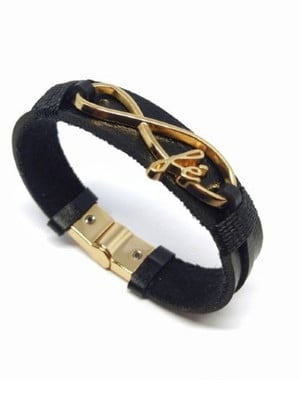 Pulseira em couro preto com entremeio fé dourado fecho imã
