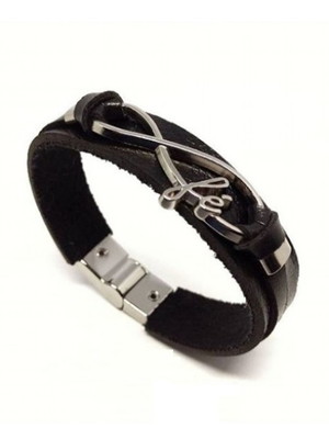 Pulseira em couro preto com entremeio fé prata fecho imã