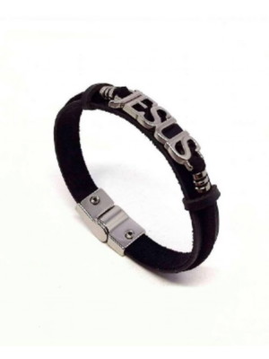 Pulseira em couro preto com entremeio jesus prata fecho imã