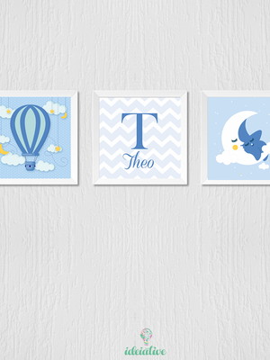 Quadro para menino, balão, nome e lua com estrela