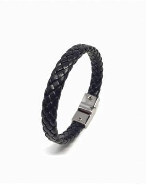 Pulseira em couro trançado preto com fecho magnético prata