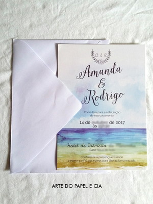 A42: convite para casamento aquarela praia com envelope