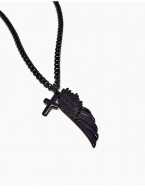 Colar masculino longo com pingente asa de anjo e cruz black