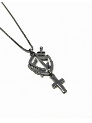 Colar masculino longo com pingente escudo fé e cruz grafite