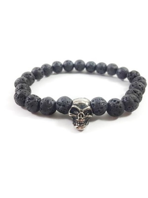 Pulseira em pedras naturais vulcânicas com entremeio caveira