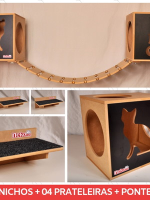 Kit 02 nichos gatos + 04 prat arranh + ponte - fte preta