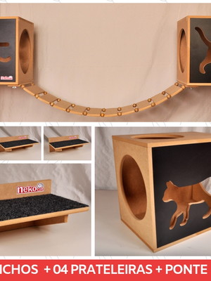 Kit 02 nichos gatos + 04 prat arranh + ponte - fte preta