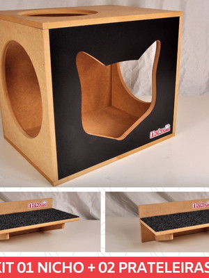 Kit nicho gatos + 02 prat arranhador - mdf cru - fte preta -
