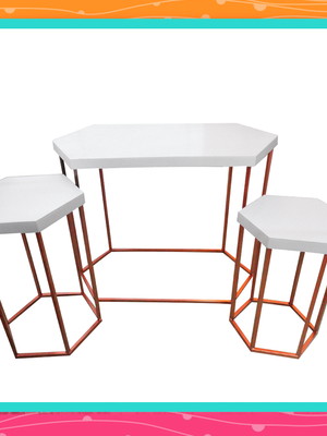 Trio mesas sextavadas - branco rose gold - locação - sp