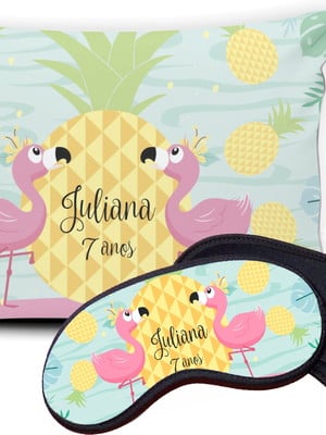 Kit almofada e mascara de dormir flamingo