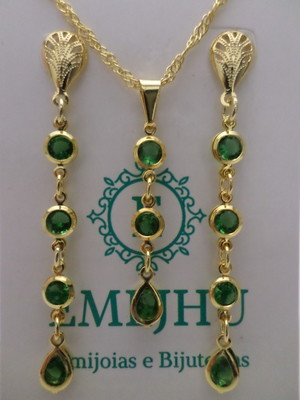 Conjunto colar e brincos pedrinhas longo emerald
