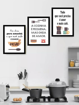 Quadro decorativo para cozinha frases 3 peças com moldura