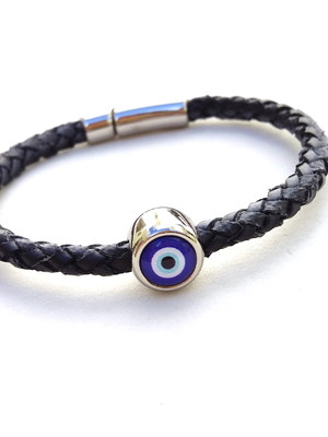 Pulseira olho grego em couro preto com fecho imã prateado